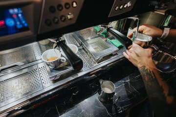 A barista operates a coffee machine, making espresso and steaming milk, highlighting the art of professional coffee preparation. Perfect for concepts of barista craftsmanship, and cafe culture.