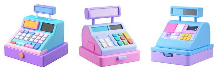 Three Pastel Colored Cash Registers Against a Transparent Background Rendered in a Soft 3D Plastic Style