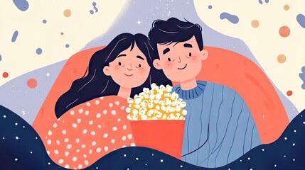 3d rendering Couple Enjoying Movie Night: Cozy Illustration of Romantic Evening with Popcorn AI Generative