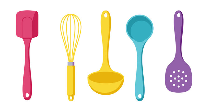 Illustration of five colorful kitchen utensils including spatula whisk and spoons