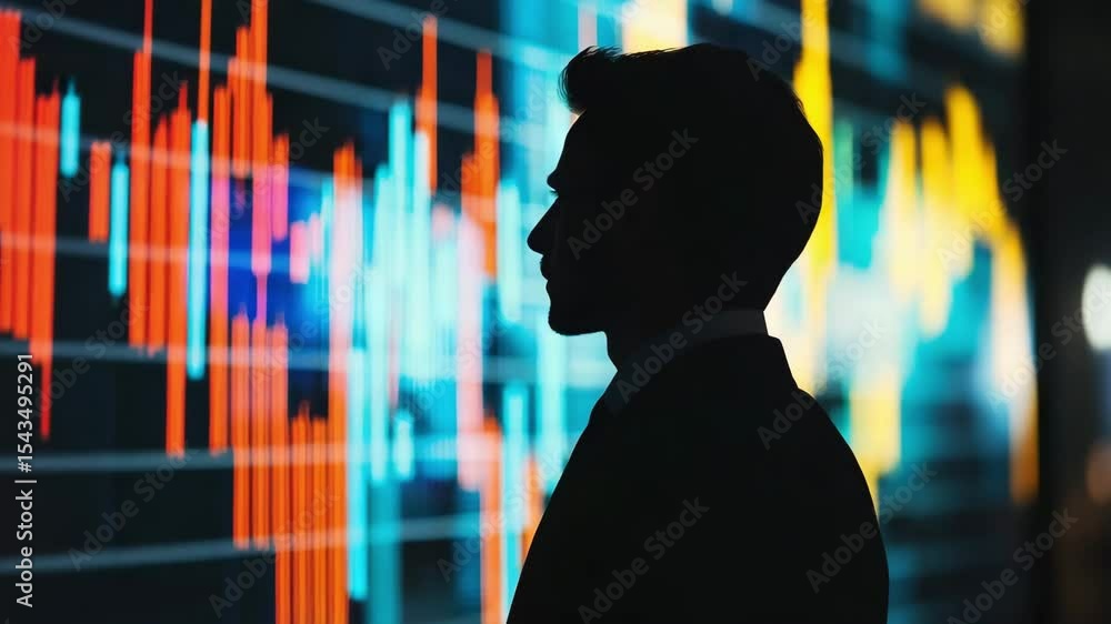 Poster silhouette man analyzing colorful financial data charts and graphs digital screen for business analy