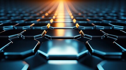 Fototapeta premium An abstract view of a metallic surface featuring hexagonal patterns illuminated by a warm glow, creating an intriguing futuristic atmosphere full of depth and texture.