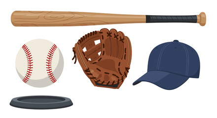 Illustration of baseball equipment including a bat, ball, glove, and cap item set