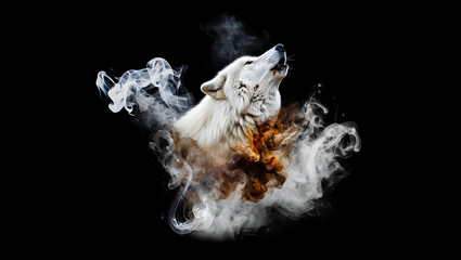 White wolf howling in smoke and fire