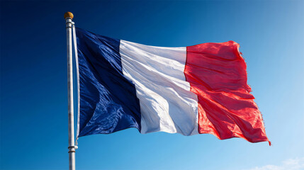 A vibrant flag of France flies high, its colors bright and clear against a backdrop of a serene blue sky on a sunny day.