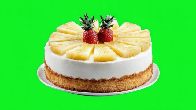 Delicious tropical cake with pineapple and strawberry toppings on bright green background