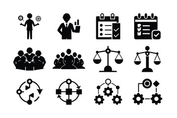 Business Concept Icons Representing Strategy, Planning, Teamwork, and Legal Aspects for Corporate Development and Success in a Modern Design