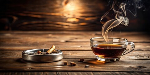 Aromatic Tea Steaming in a Glass Cup Beside an Ashtray with a Smoked Cigarette on a Rustic Wooden Table