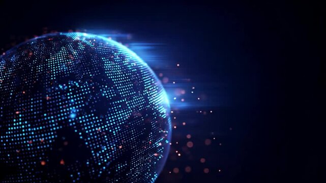 Glowing digital earth made of tiny dots on dark blue background, symbolizing tech planet, global network, and futuristic data world