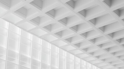 Minimalist 3D render of a white ceiling with geometric square patterns, isolated on a soft-lit white background for modern interior design or architectural visualization