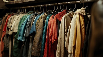 Old theatrical costumes hanging on rod in row in dressing room