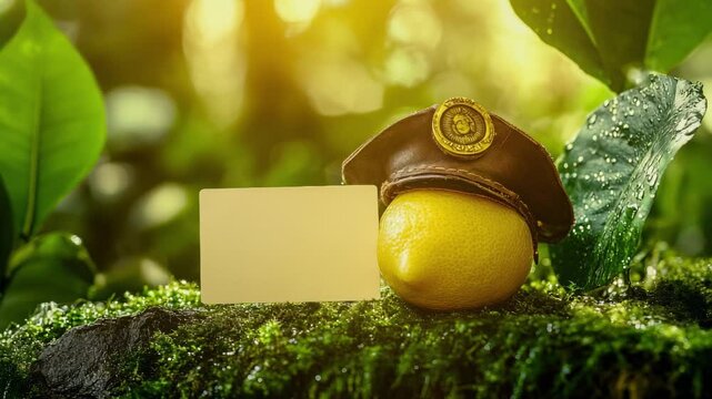 A cheerful lemon with a mini brown hat sits on a mossy rock in a garden filled with rich greenery and soft sunlight illuminating the scene