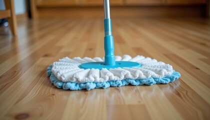 Cleaning action with a mop on wooden floor home environment high-quality image close-up view for home care tips