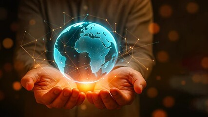 Holographic digital Earth floating above two open hands, symbol of tech planet and connection to global network in modern virtual world - Powered by Adobe