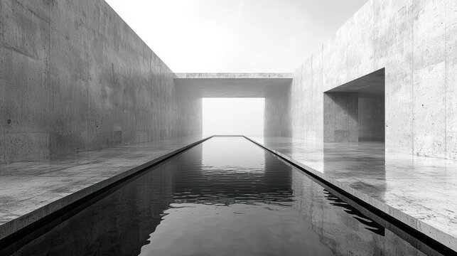Gray concrete architectural hallway with water channel - Powered by Adobe