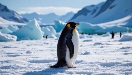Fototapeta premium Emperor penguin standing on ice antarctica wildlife photography scenic landscape close-up nature's majesty