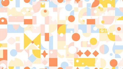 Vibrant geometric pattern with circles, squares, triangles in bright orange, blue, yellow, pink, white, arranged neatly in a lively, modern style.