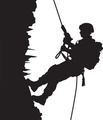 Climber Rappelling Down Cliff Silhouette

Extreme Rappelling Action Vector Scene

Mountain Rappelling Gear Silhouette Design

Rappeller Hanging on Rock Face Vector Art

Vertical Descent Adventure Silh