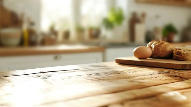 Selective focus.Top wood counter island with cozy kitchen background.Cooking food and drink.Product display shot