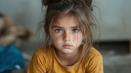 A poignant portrait captures the intensity and innocence in the expression of a young girl, emphasizing her captivating blue eyes and unkempt hair amidst a subdued background.