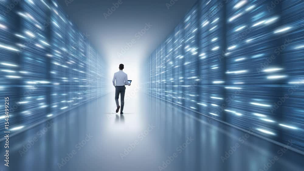 Poster man walking data center cloud storage room with digital data transfer technology and network server 