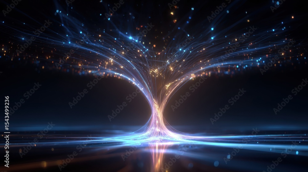 Aufkleber glowing digital funnel of data nodes in blue void with neon lighting and circuit connections