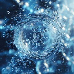 3d rendering Abstract Water Molecule: Swirling Blue Liquid, 3D Render, Splashing Droplets, Circular Design, Molecular Structure AI Generative