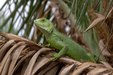 A bright green iguana perched on a brown palm frond with a background of blurry palm leaves