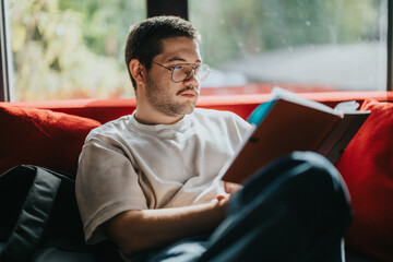 Fototapeta premium A young male student intently studying a book while sitting on a comfortable red couch in a sunlit room at home. The serene setting emphasizes focus and relaxation.