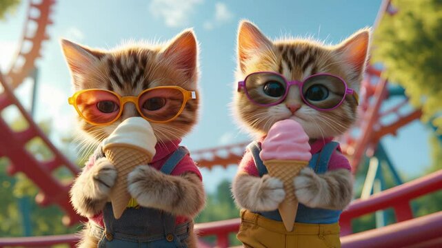 cute fluffy kittens in sunglasses eat delicious ice cream in a waffle cone in the summer in an amusement park, with roller coaster cars in the background
