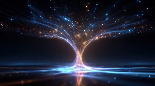 Glowing digital funnel of data nodes in blue void with neon lighting and circuit connections