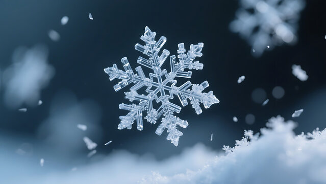 Macro View of Falling Snowflakes with Blurred Winter Background