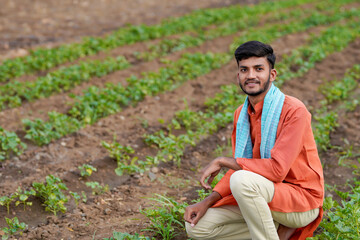 young indian farmer working in green agricultural field
