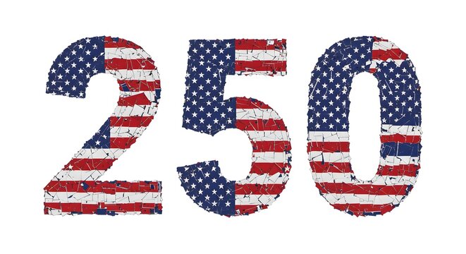 American flag design numbers 250, distressed style.
