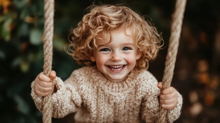 A curly-haired boy laughs joyfully while swinging on a rope swing, exuding happiness and innocence amidst a lush natural background, a perfect representation of childhood joy.