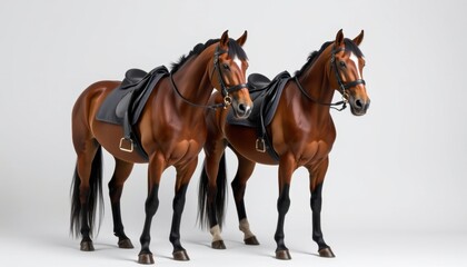Equestrian training session with two horses studio animal portrait neutral background eye-level view dynamic movement