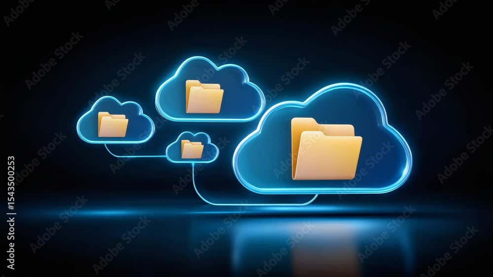 Poster cloud data storage folder network connection with glowing digital file icons on dark background show