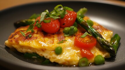 Omelette with tomatoes asparagus and green onions