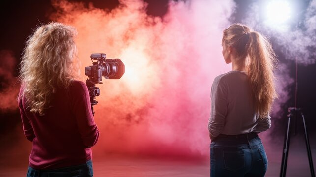 A passionate female photographer captures an alluring model against a backdrop of colorful smoke, creating a captivating scene full of artistic energy and creativity.