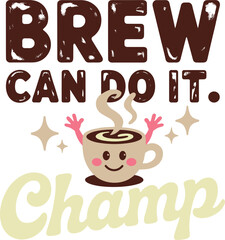 Coffee pun cartoon vector. Steaming coffee cup with arms and sparkles in retro doodle style.