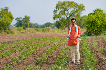 young indian farmer standing at green agricultural field