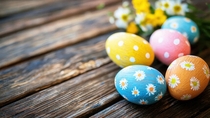 Four colorful Easter eggs with polka dots on a rustic wooden table with a bouquet of yellow and white flowers.