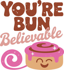 Cinnamon roll pun vector illustration. Cute bun with pink glaze and sparkles. Retro cartoon doodle style.
