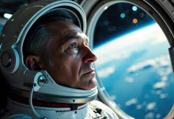 Astronaut gazing out of spacecraft window, contemplating the vastness of space