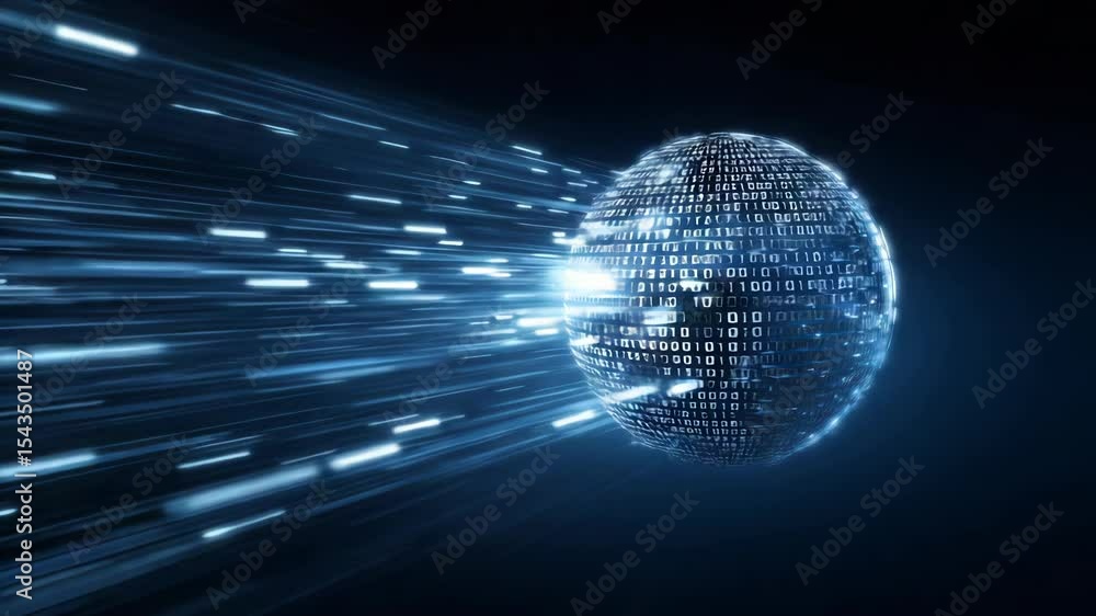 Poster digital cloud data storage technology with glowing binary sphere and fast light streaks dark network