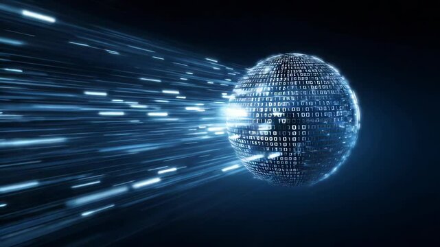 Digital cloud data storage technology with glowing binary sphere and fast light streaks dark network background representing digital information