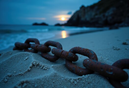 Rusty chain on sandy beach with sunset reflecting on the water