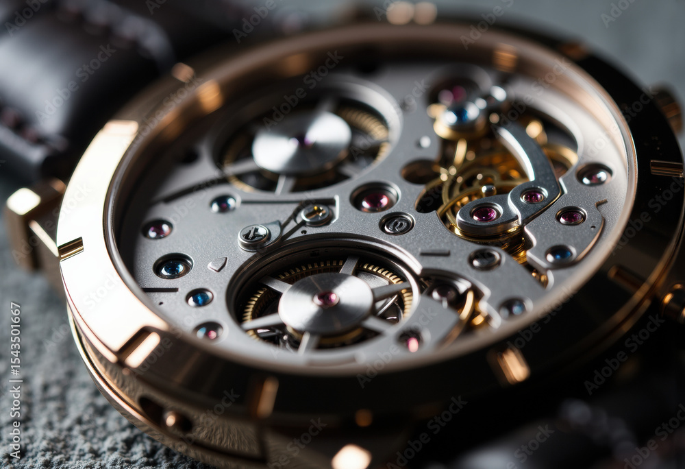 Poster close-up of a detailed mechanical watch movement with visible gears and components