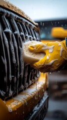 A gloved hand washes a yellow car's grille with a sponge and soapy water, showcasing car detailing