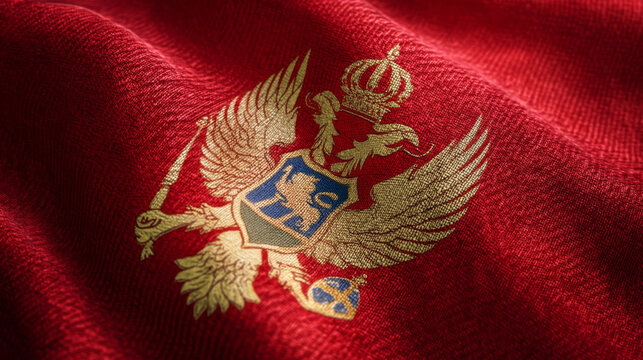 Silk flag of Montenegro displays rich red and gold hues, showcasing the intricate coat of arms with a crowned double-headed eagle.